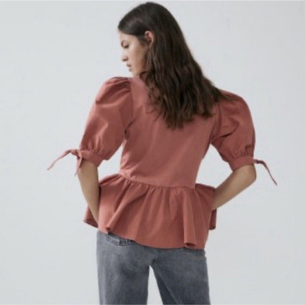 Zara Pink Bell Sleeve Tie Peplum Blouse 100% Cotton Women's Size Medium EUC - Picture 4 of 13